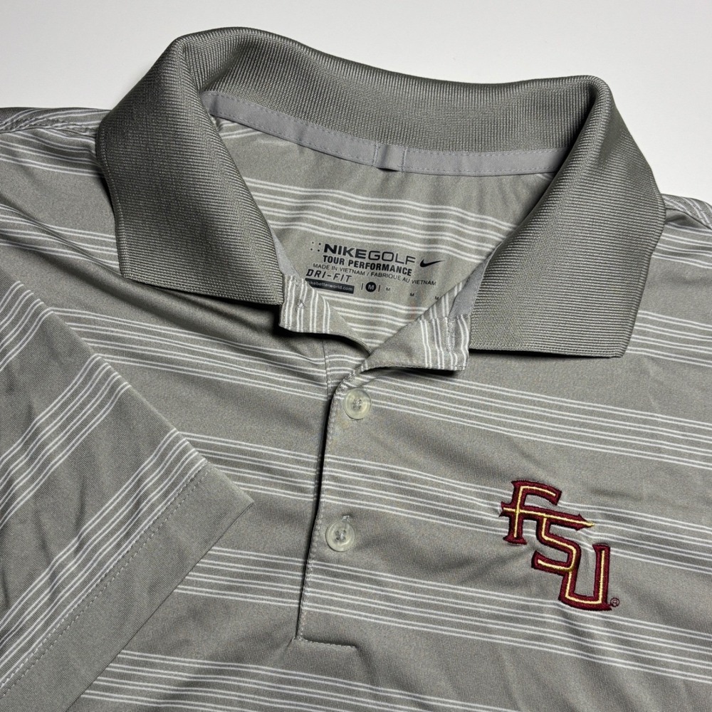 FSU Fl State Seminoles Nike Golf Polo Shirt Men's M Gray White Stripe Dri‎ Fit